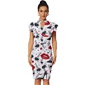 Red Lips Black Heels Pattern Vintage Frill Sleeve V-Neck Bodycon Dress View1