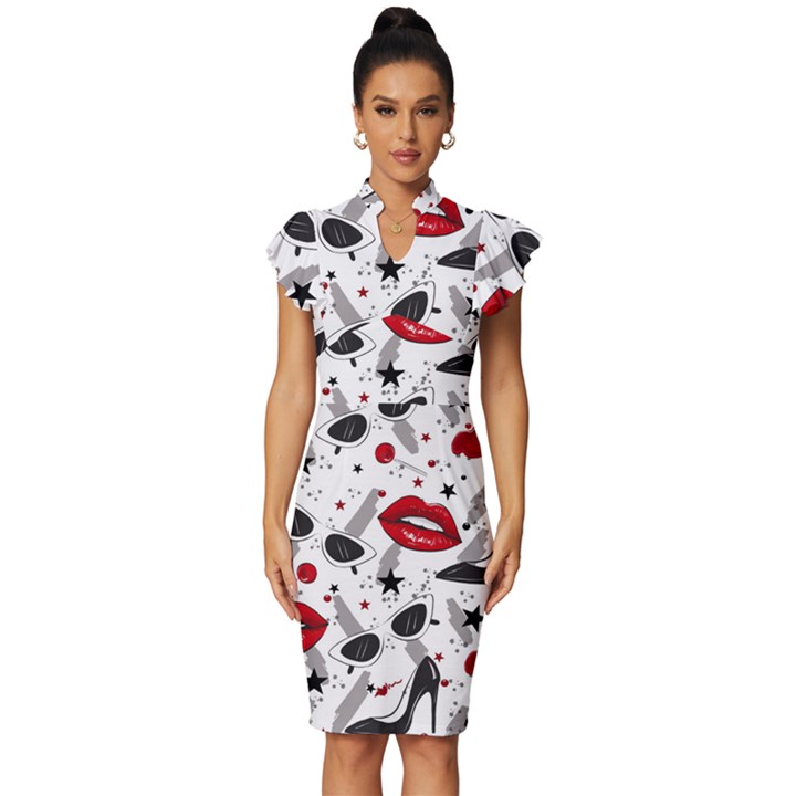 Red Lips Black Heels Pattern Vintage Frill Sleeve V-Neck Bodycon Dress