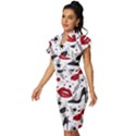 Red Lips Black Heels Pattern Vintage Frill Sleeve V-Neck Bodycon Dress View2