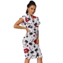 Red Lips Black Heels Pattern Vintage Frill Sleeve V-Neck Bodycon Dress View3