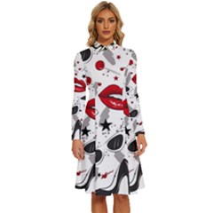 Red Lips Black Heels Pattern Long Sleeve Shirt Collar A-line Dress by Simbadda