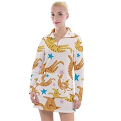 Cute Cats Seamless Pattern With Stars Funny Drawing Kittens Women s Long Sleeve Casual Dress by Simbadda