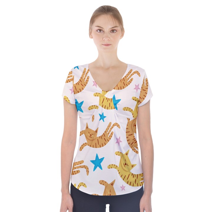 Cute Cats Seamless Pattern With Stars Funny Drawing Kittens Short Sleeve Front Detail Top