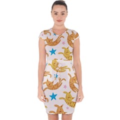 Cute Cats Seamless Pattern With Stars Funny Drawing Kittens Capsleeve Drawstring Dress  by Simbadda