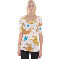 Cute Cats Seamless Pattern With Stars Funny Drawing Kittens Wide Neckline Tee