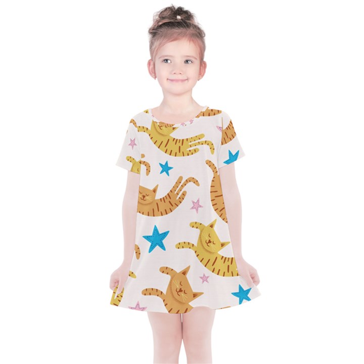 Cute Cats Seamless Pattern With Stars Funny Drawing Kittens Kids  Simple Cotton Dress