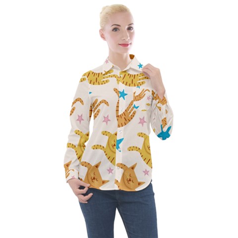 Cute Cats Seamless Pattern With Stars Funny Drawing Kittens Women s Long Sleeve Pocket Shirt by Simbadda