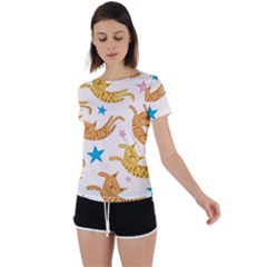 Cute Cats Seamless Pattern With Stars Funny Drawing Kittens Back Circle Cutout Sports Tee by Simbadda