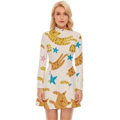 Cute Cats Seamless Pattern With Stars Funny Drawing Kittens Long Sleeve Velour Longline Dress by Simbadda