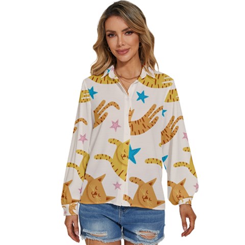 Cute Cats Seamless Pattern With Stars Funny Drawing Kittens Women s Long Sleeve Button Up Shirt by Simbadda