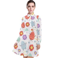 Easter Seamless Pattern With Cute Eggs Flowers Long Sleeve Chiffon Shirt Dress