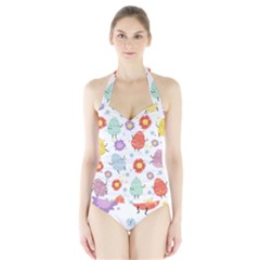 Easter Seamless Pattern With Cute Eggs Flowers Halter Swimsuit by Simbadda