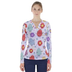 Easter Seamless Pattern With Cute Eggs Flowers V-neck Long Sleeve Top by Simbadda