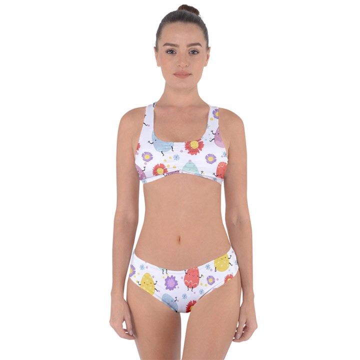 Easter Seamless Pattern With Cute Eggs Flowers Criss Cross Bikini Set