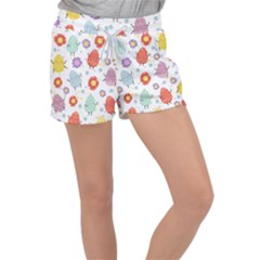 Easter Seamless Pattern With Cute Eggs Flowers Women s Velour Lounge Shorts by Simbadda