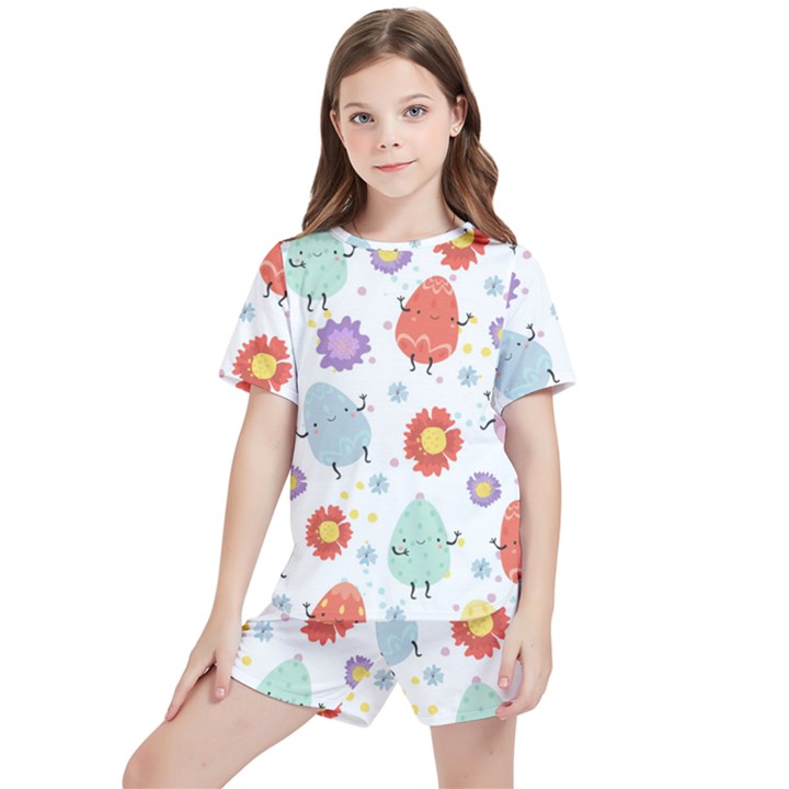 Easter Seamless Pattern With Cute Eggs Flowers Kids  Tee And Sports Shorts Set