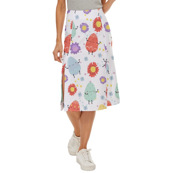 Easter Seamless Pattern With Cute Eggs Flowers Midi Panel Skirt