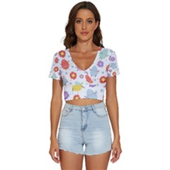 Easter Seamless Pattern With Cute Eggs Flowers V-neck Crop Top by Simbadda