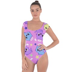 Seamless Pattern With Cute Kawaii Kittens Short Sleeve Leotard  by Simbadda