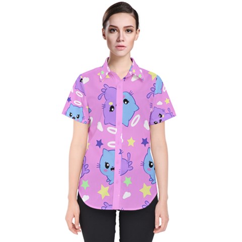 Seamless Pattern With Cute Kawaii Kittens Women s Short Sleeve Shirt by Simbadda