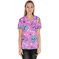 Seamless Pattern With Cute Kawaii Kittens Women s V-neck Scrub Top by Simbadda