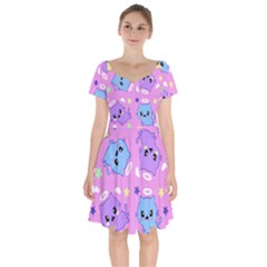 Seamless Pattern With Cute Kawaii Kittens Short Sleeve Bardot Dress by Simbadda