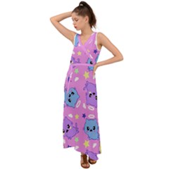 Seamless Pattern With Cute Kawaii Kittens V-neck Chiffon Maxi Dress by Simbadda