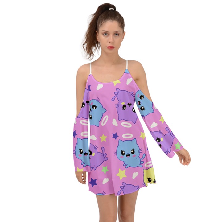 Seamless Pattern With Cute Kawaii Kittens Boho Dress