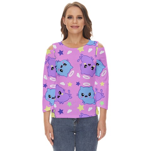 Seamless Pattern With Cute Kawaii Kittens Cut Out Wide Sleeve Top by Simbadda