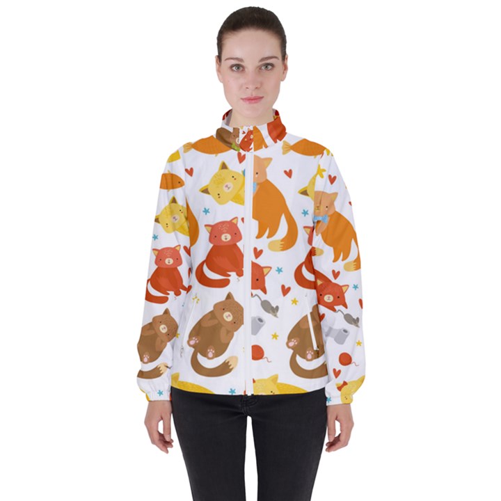 Seamless Pattern With Kittens White Background Women s High Neck Windbreaker