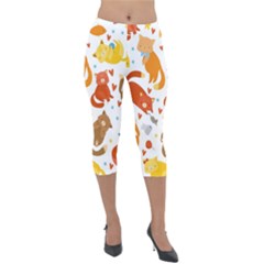 Seamless Pattern With Kittens White Background Lightweight Velour Capri Leggings  by Simbadda