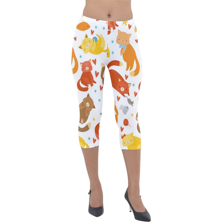 Seamless Pattern With Kittens White Background Lightweight Velour Capri Leggings 