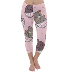 Seamless Pattern Adorable Cat Inside Cup Capri Winter Leggings  by Simbadda