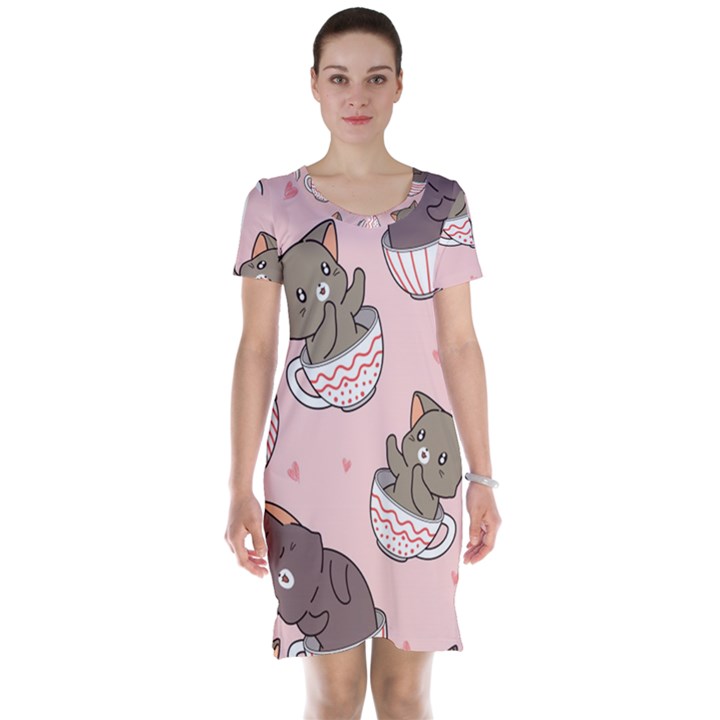 Seamless Pattern Adorable Cat Inside Cup Short Sleeve Nightdress