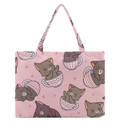 Seamless Pattern Adorable Cat Inside Cup Zipper Medium Tote Bag by Simbadda