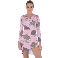 Seamless Pattern Adorable Cat Inside Cup Asymmetric Cut-out Shift Dress by Simbadda