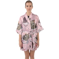 Seamless Pattern Adorable Cat Inside Cup Half Sleeve Satin Kimono  by Simbadda