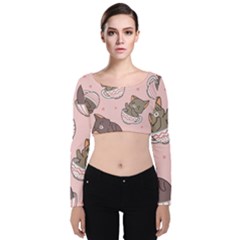 Seamless Pattern Adorable Cat Inside Cup Velvet Long Sleeve Crop Top by Simbadda