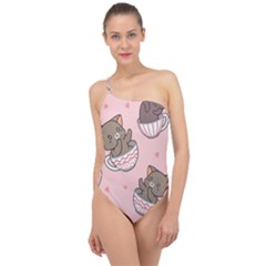 Seamless Pattern Adorable Cat Inside Cup Classic One Shoulder Swimsuit by Simbadda