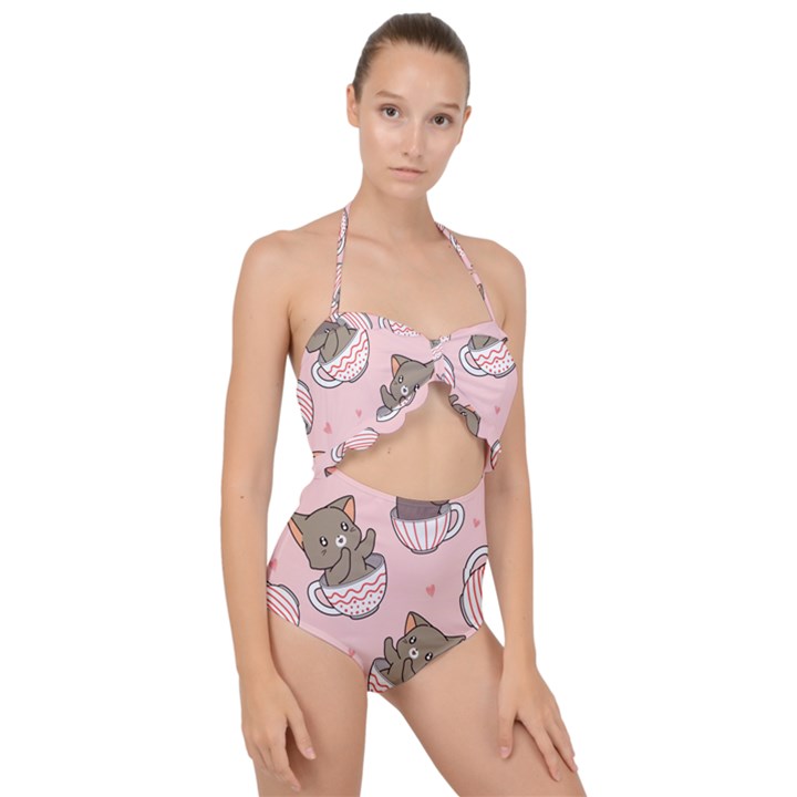 Seamless Pattern Adorable Cat Inside Cup Scallop Top Cut Out Swimsuit