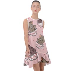 Seamless Pattern Adorable Cat Inside Cup Frill Swing Dress by Simbadda