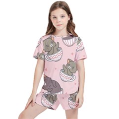 Seamless Pattern Adorable Cat Inside Cup Kids  Tee And Sports Shorts Set by Simbadda