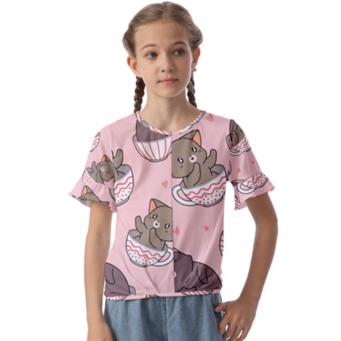 Seamless Pattern Adorable Cat Inside Cup Kids  Cuff Sleeve Scrunch Bottom Tee by Simbadda