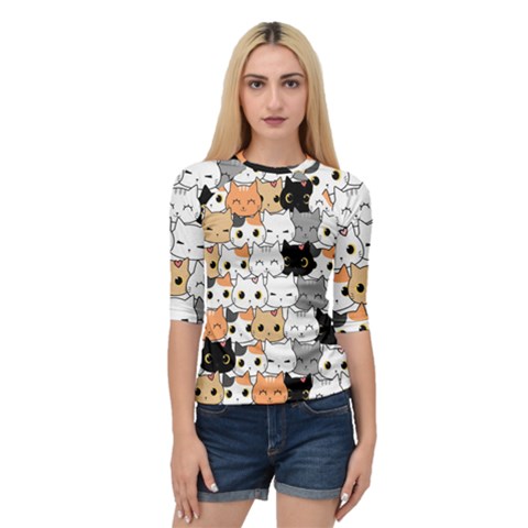 Cute Cat Kitten Cartoon Doodle Seamless Pattern Quarter Sleeve Raglan Tee by Simbadda