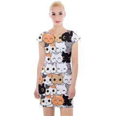 Cute Cat Kitten Cartoon Doodle Seamless Pattern Cap Sleeve Bodycon Dress by Simbadda