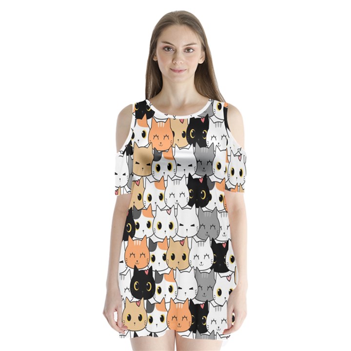 Cute Cat Kitten Cartoon doodle Seamless Pattern Shoulder Cutout Velvet One Piece