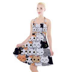 Cute Cat Kitten Cartoon Doodle Seamless Pattern Halter Party Swing Dress  by Simbadda