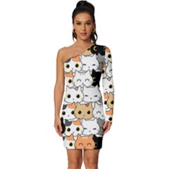 Cute Cat Kitten Cartoon Doodle Seamless Pattern Long Sleeve One Shoulder Mini Dress by Simbadda