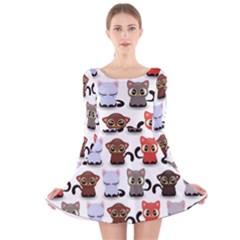 Seamless Pattern With Cute Little Kittens Various Color Long Sleeve Velvet Skater Dress by Simbadda