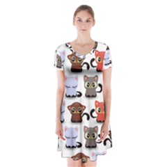 Seamless Pattern With Cute Little Kittens Various Color Short Sleeve V-neck Flare Dress by Simbadda